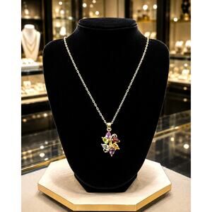 Vintage PAJ BB Gold Tone Multicolor Crystal Floral Pendant Necklace